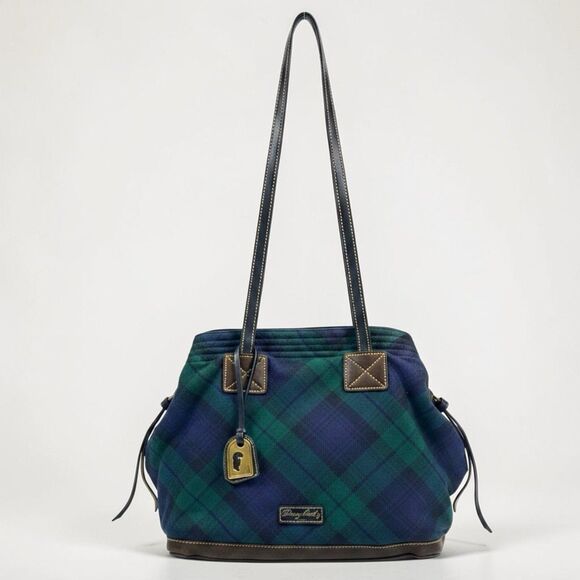 Dooney & Bourke Handbags - Dooney & Bourke Blackwatch Plaid Wool Tote‎ Green Navy Leather Shoulder Bag